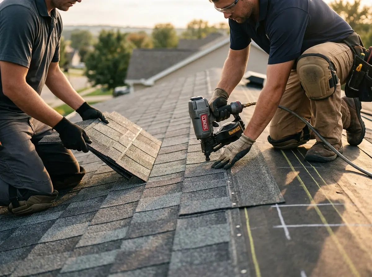 Professional roofer working on a residential roof in Bettendorf